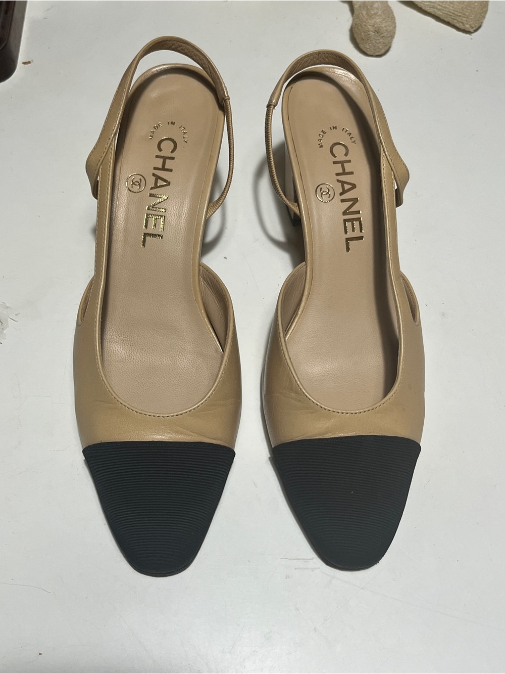 CHANEL Beige and Black Two-Tone Slingback Mules
